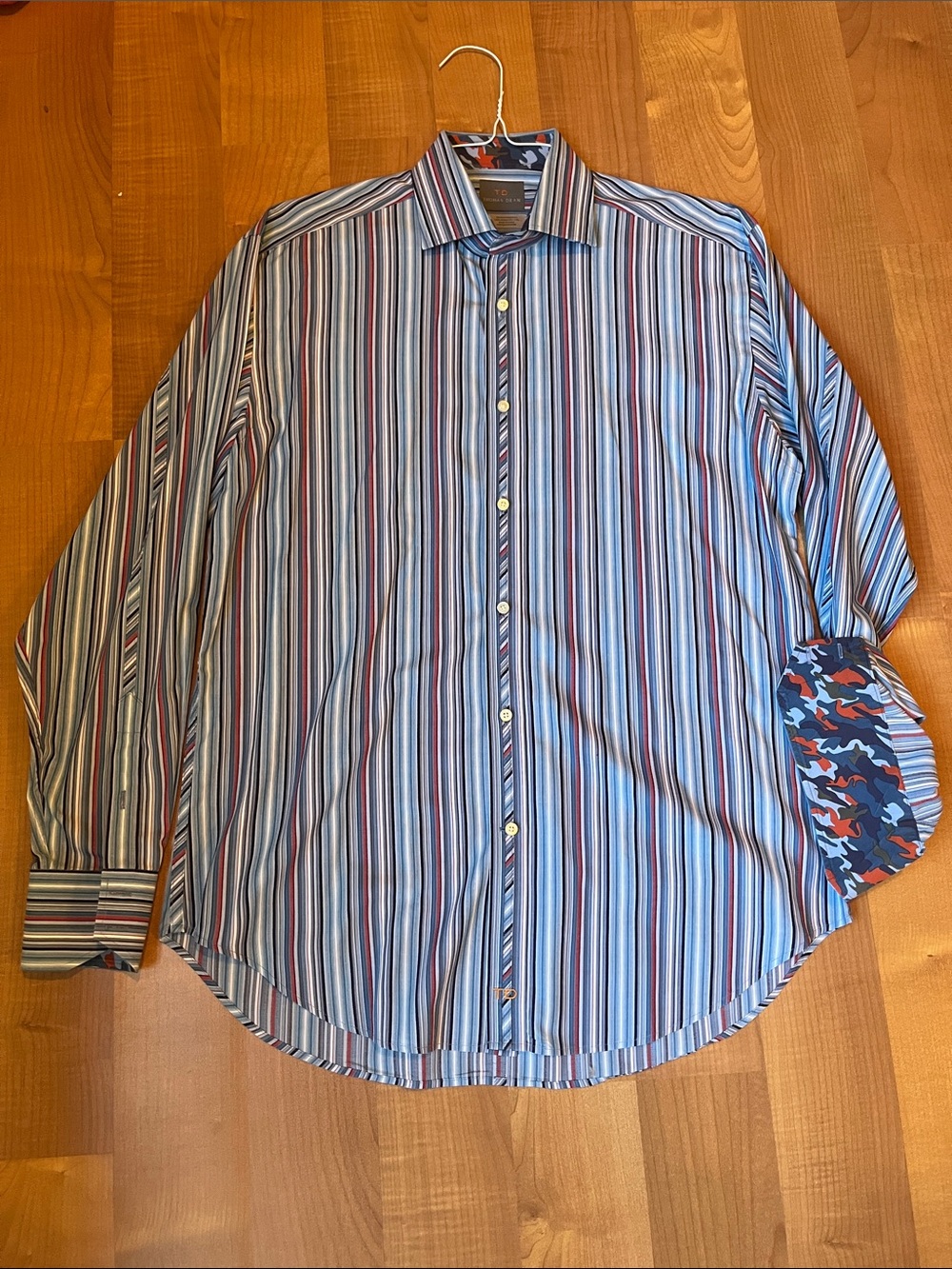 Thomas Dean Men's Multi-Stripe Dress Shirt in Blue and Red